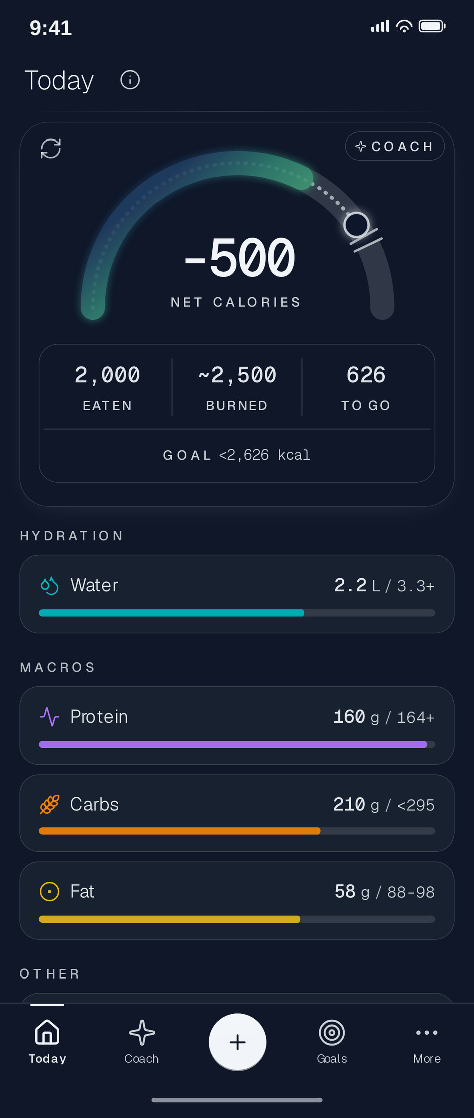 The Nourli Today screen - calorie ring, water, and macros