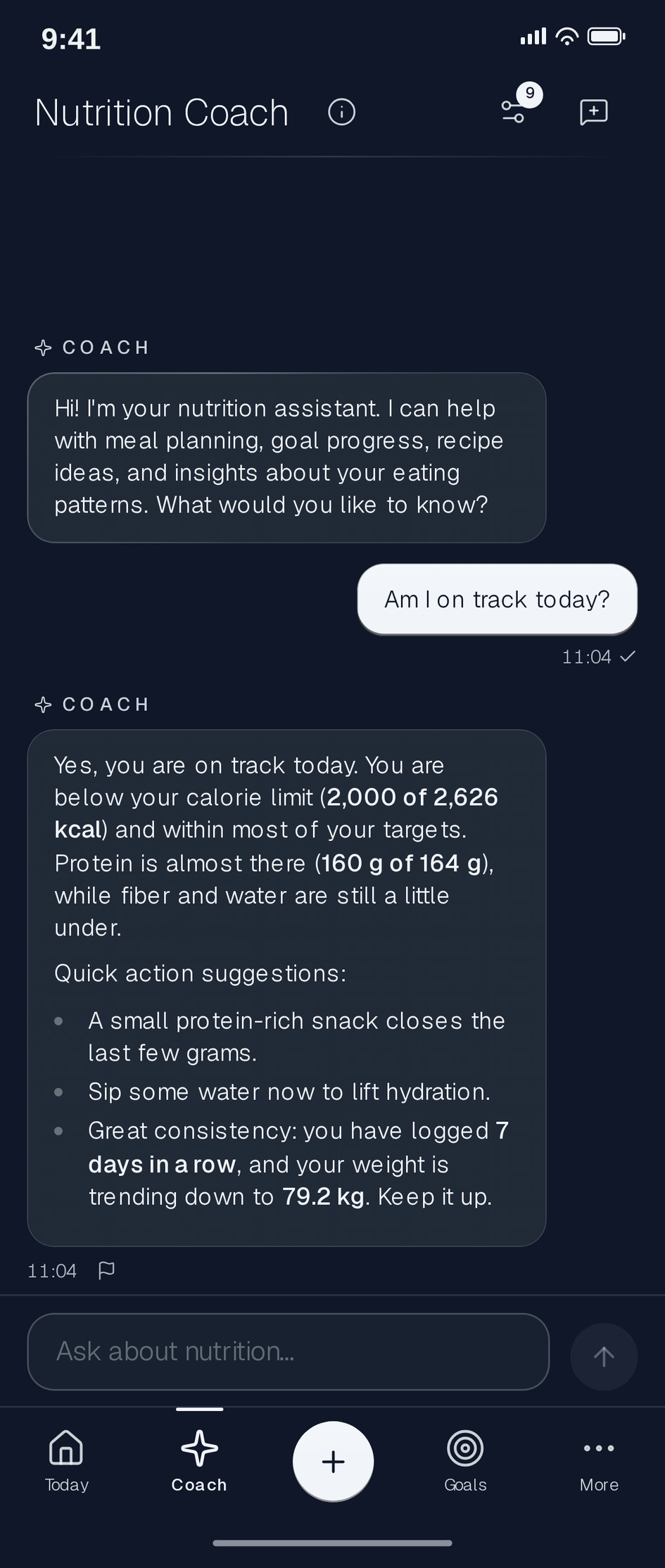 The Coach screen giving a next-step recommendation